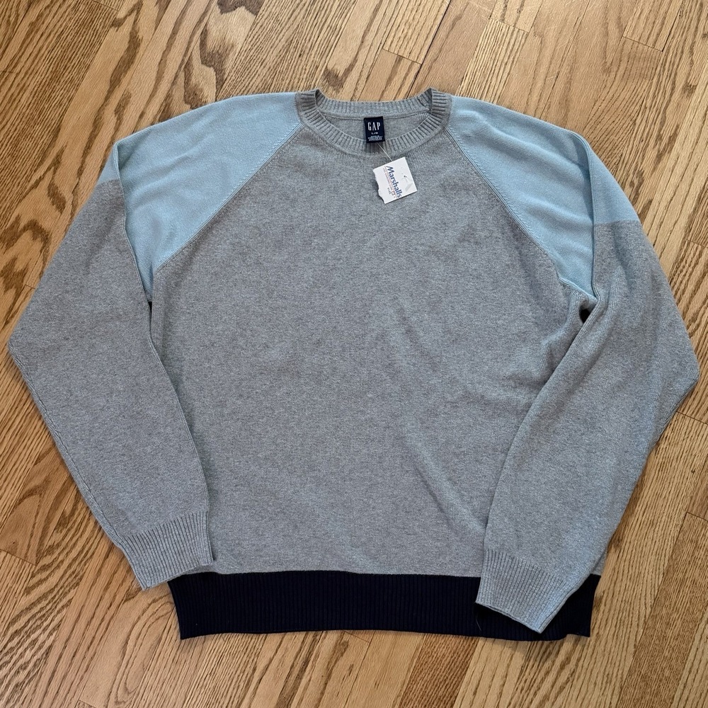 Y2K GAP Crewneck Sweater Mens Large Gray Blue Colorblock 100% Cotton Preppy NOS